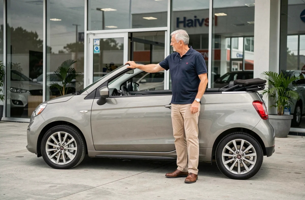 Homme examinant une voiture sans permis cabriolet devant un concessionnaire automobile