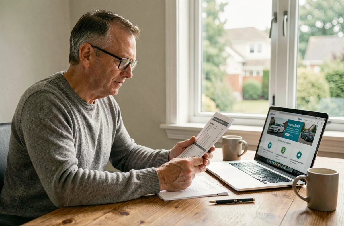 Homme consultant son contrat d'assurance auto à son bureau à domicile pour optimiser son coefficient de bonus-malus