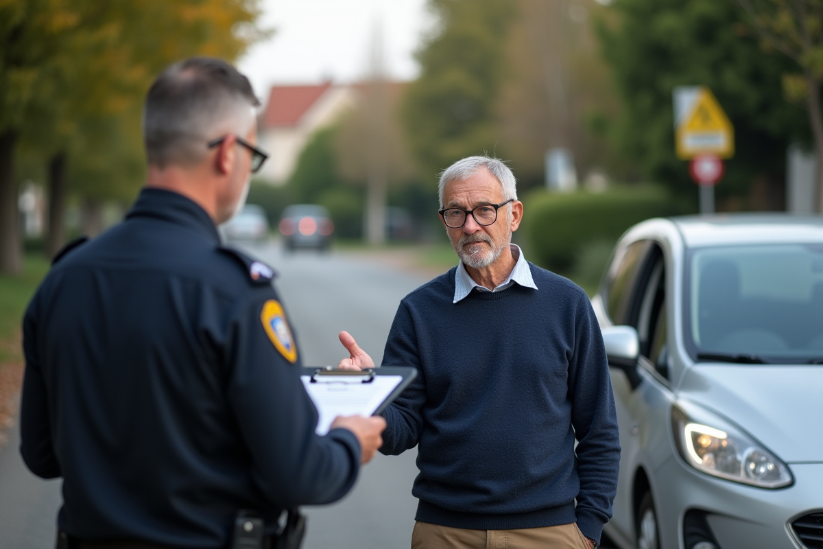 Homme avec justificatif devant un policier en banlieue