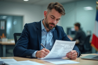Homme en blazer remplissant documents de voiture