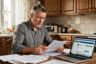 Homme consultan des documents d'assurance auto à la maison avec une expression préoccupée