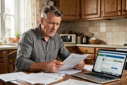 Homme consultan des documents d'assurance auto à la maison avec une expression préoccupée