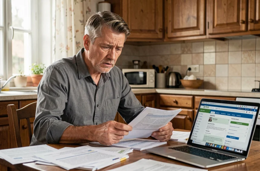 Homme consultan des documents d'assurance auto à la maison avec une expression préoccupée