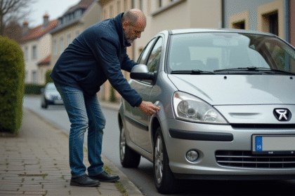 Homme français posant une nouvelle plaque d'immatriculation