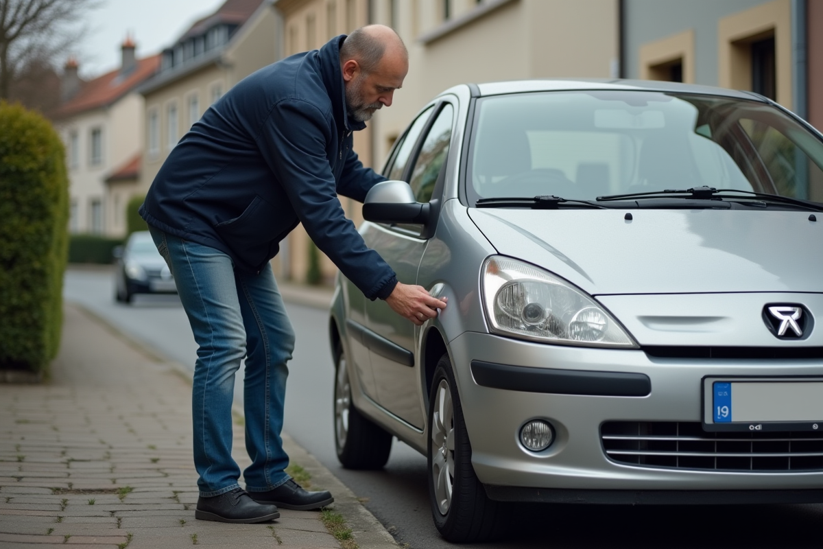 Homme français posant une nouvelle plaque d'immatriculation
