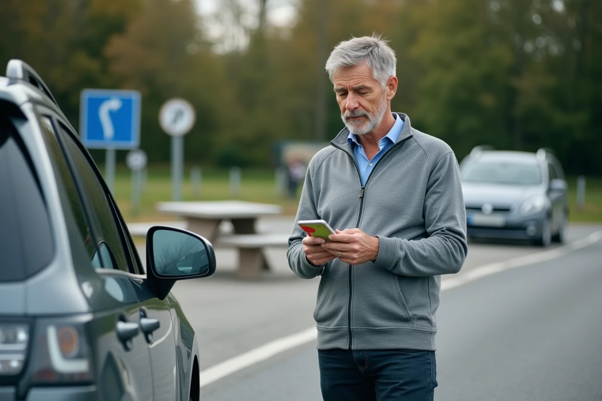Homme consultant une application GPS pour éviter les tronçons payants d'autoroute en France