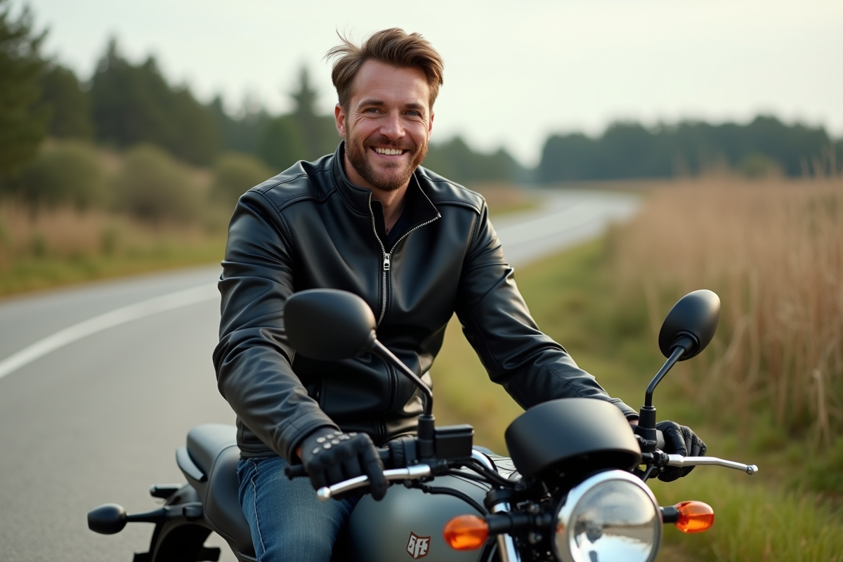 Homme en moto Avengers 125 sur route rurale