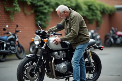 Homme inspectant une moto CB Boldor 900 en extérieur