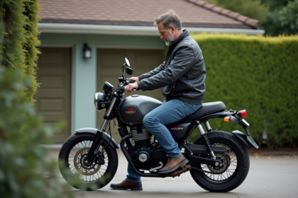 Homme d'âge moyen sur une moto dans une cour calme