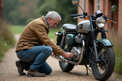 Homme d'âge moyen vérifiant son ancienne moto en extérieur