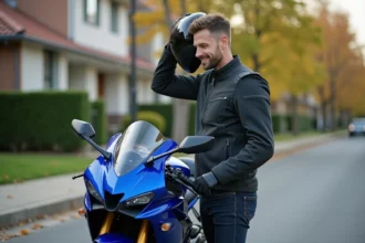 Homme avec veste moto moderne et casque en main près de sa moto