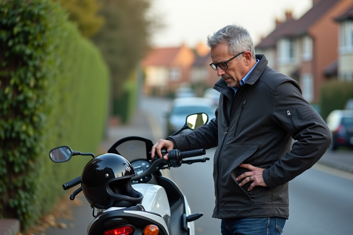 Homme en gear moto regardant le pot d'échappement dans une rue résidentielle