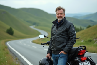 Homme en moto de tourisme dans la campagne