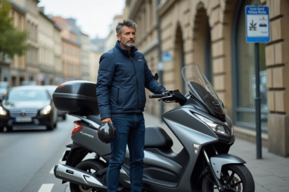 Homme en moto préparant un scooter trois roues en ville