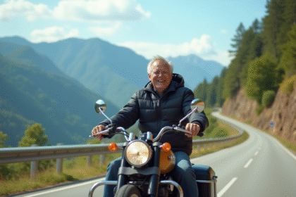 Homme souriant en moto de tourisme sur une route de montagne