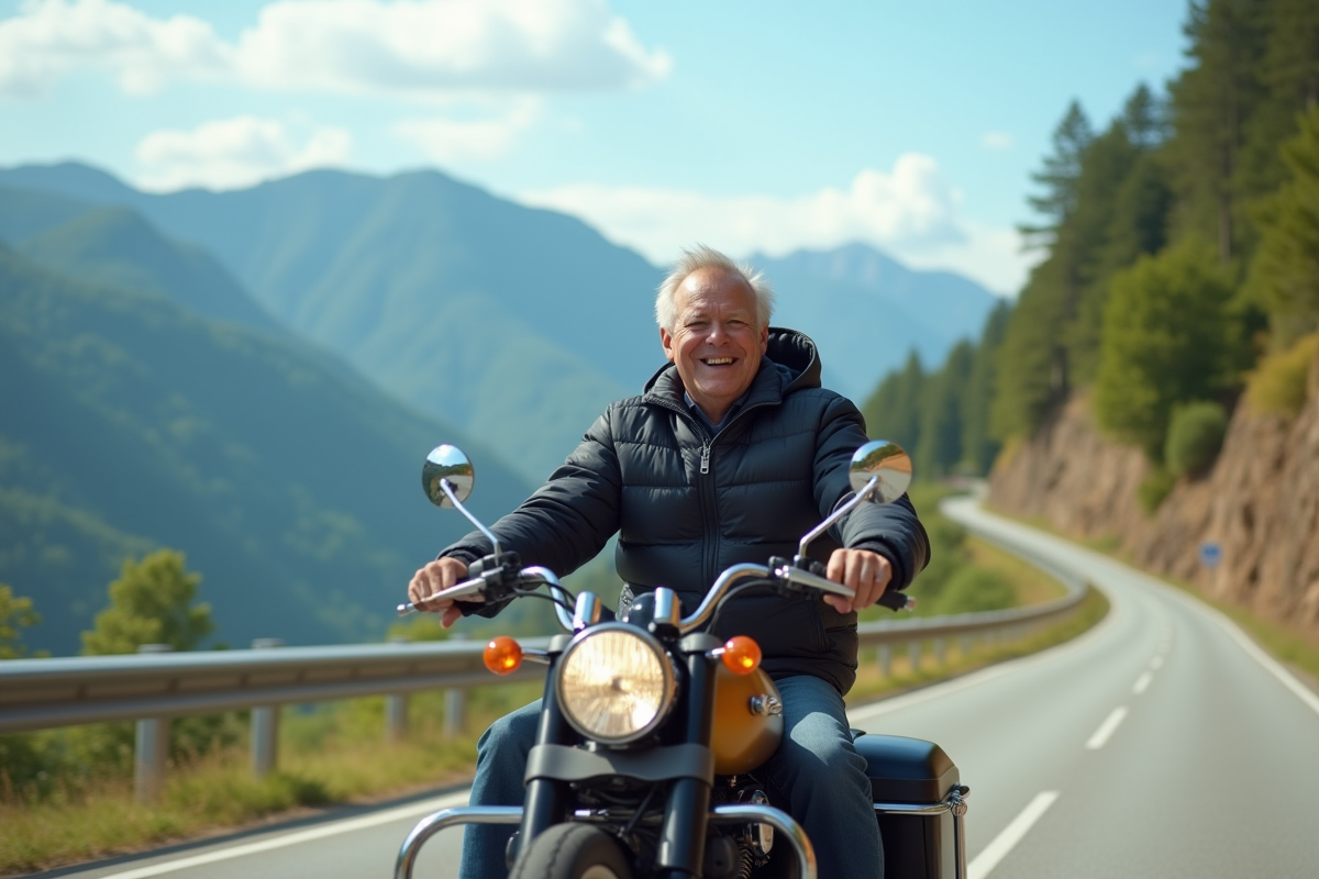 Homme souriant en moto de tourisme sur une route de montagne