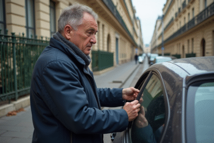 Homme français installant une nouvelle plaque d'immatriculation dans Paris