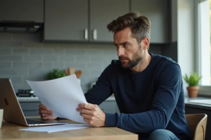 Homme pensif en cuisine avec documents achat voiture