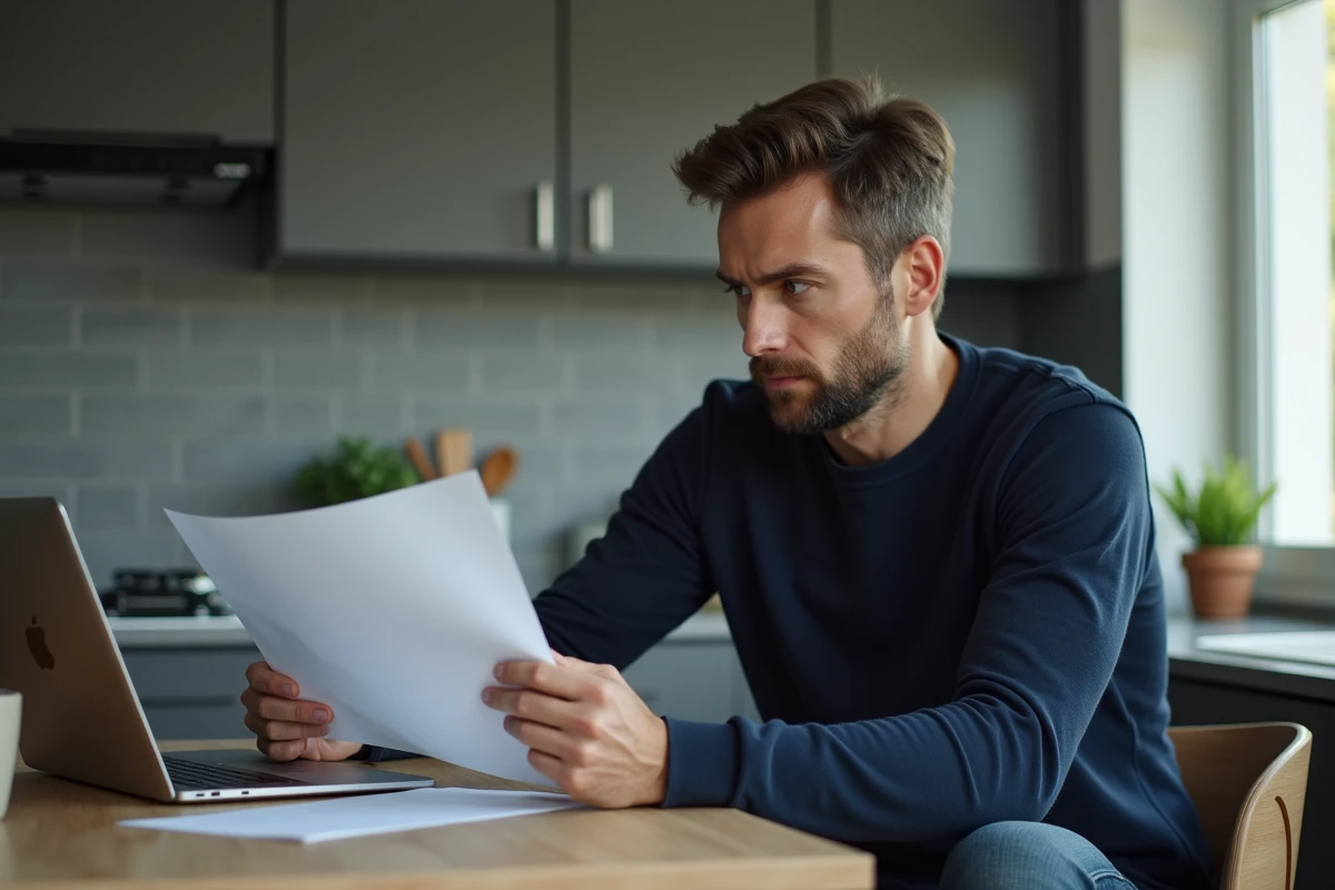Homme pensif en cuisine avec documents achat voiture