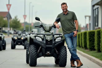Homme d'âge moyen posant contre un quad en concession