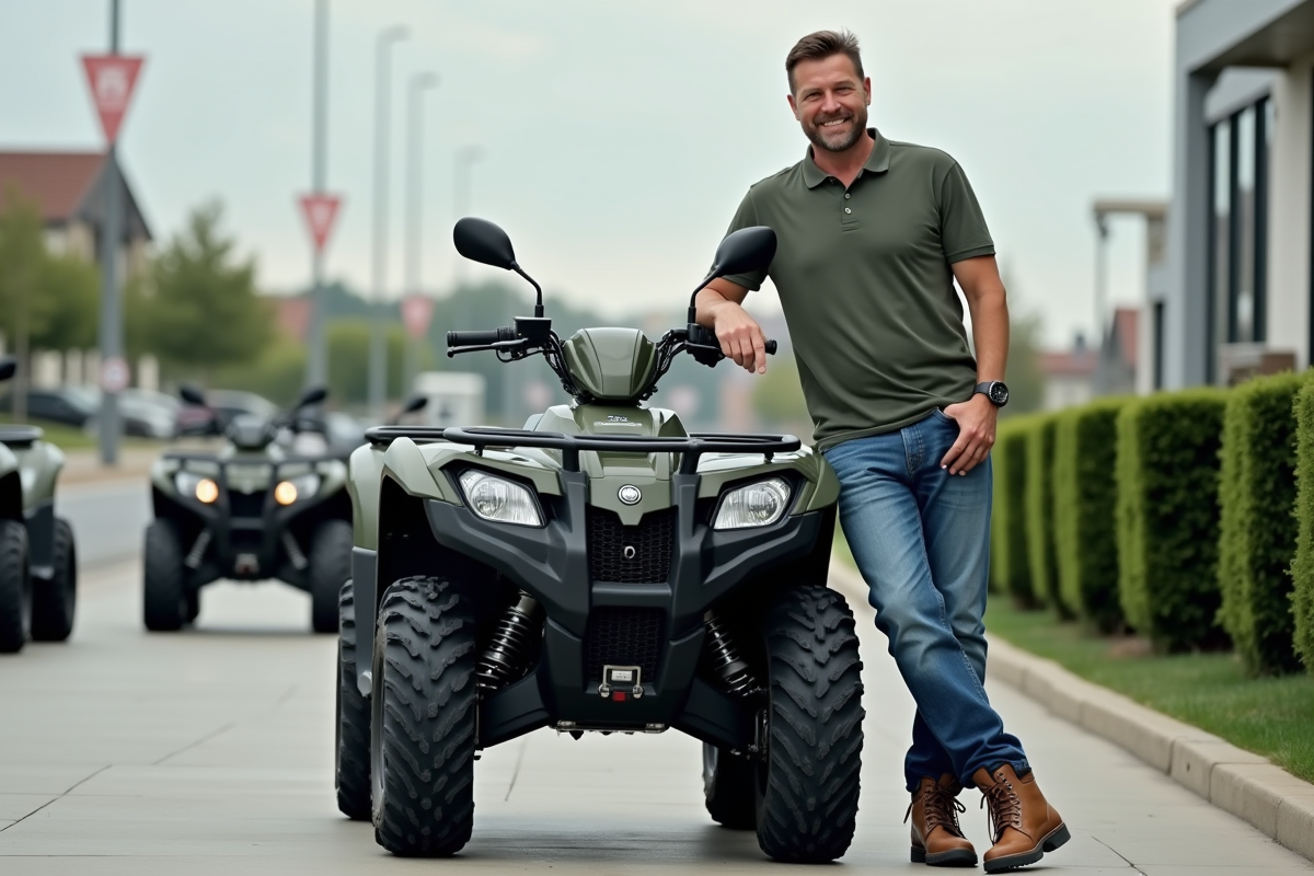 Homme d'âge moyen posant contre un quad en concession