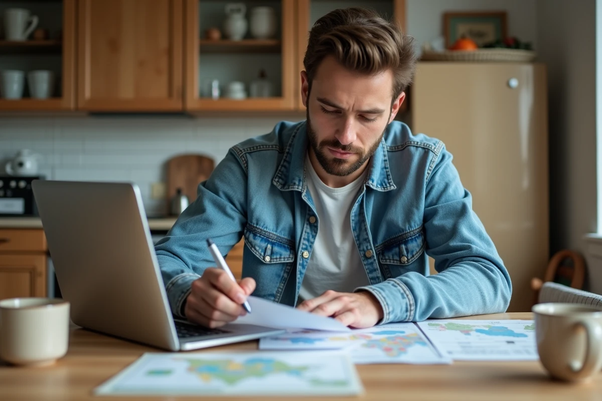 Jeune homme vérifiant ses reçus de carburant à la maison