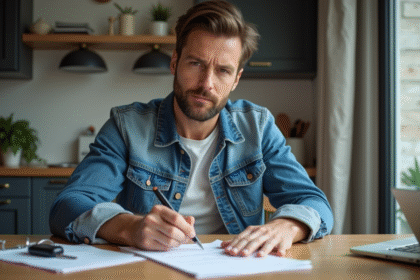 Homme en denim remplissant documents de voiture