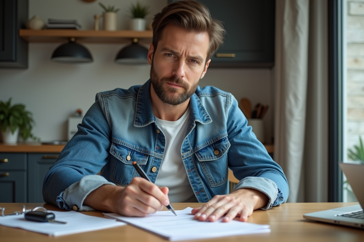 Homme en denim remplissant documents de voiture