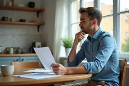 Homme d'une trentaine lisant des documents dans la cuisine