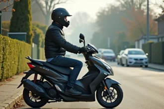 Homme en moto scooter XMAX 125 en ville matinale