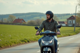 Homme en scooter dans la campagne française