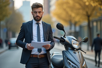 Homme d'affaires montrant ses documents avec un scooter moderne