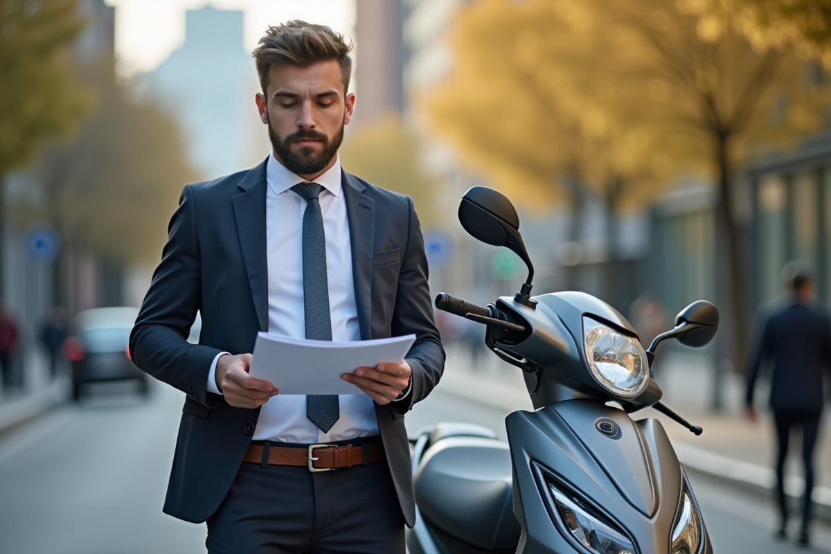 Homme d'affaires montrant ses documents avec un scooter moderne