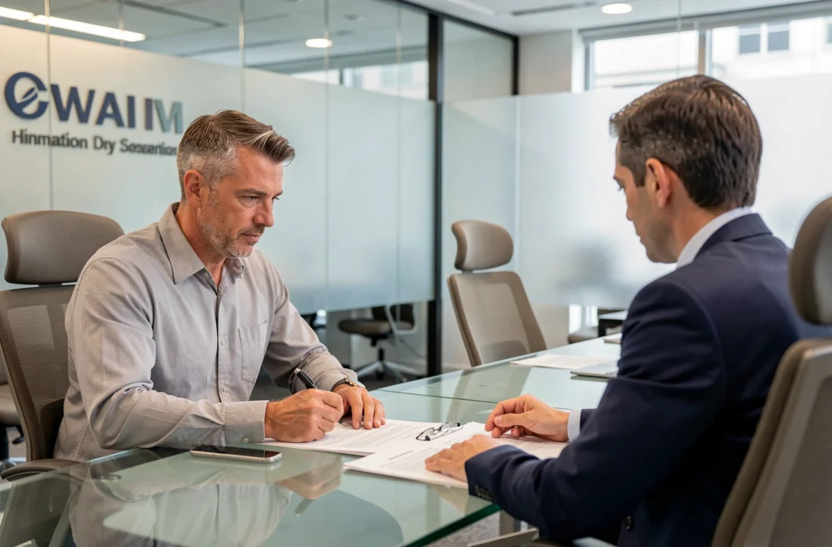 Homme en réflexion avant de signer un contrat d'assurance auto dans une agence