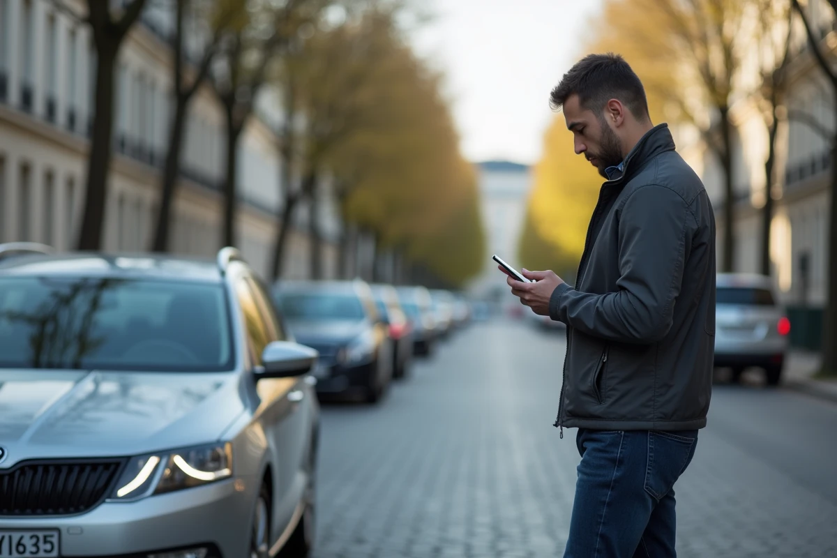 Homme consultant une application de changement d'assurance auto sur smartphone devant sa voiture