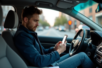 Homme dans sa voiture regarde son smartphone en ville