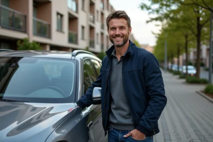 Homme souriant à côté d'une Cupra Formentor dans la ville