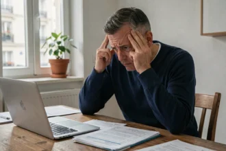 Homme stressé face à des documents d'assurance voiture à la maison, illustrant les difficultés de souscription pour mauvais payeur