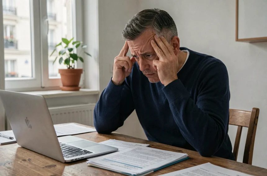 Homme stressé face à des documents d'assurance voiture à la maison, illustrant les difficultés de souscription pour mauvais payeur