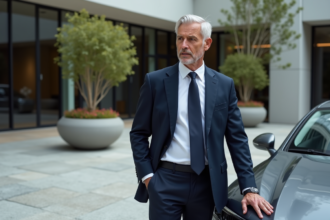 Homme en costume sur une voiture de luxe en milieu urbain