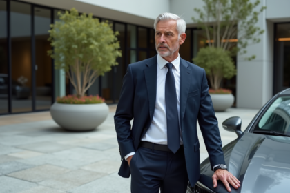 Homme en costume sur une voiture de luxe en milieu urbain