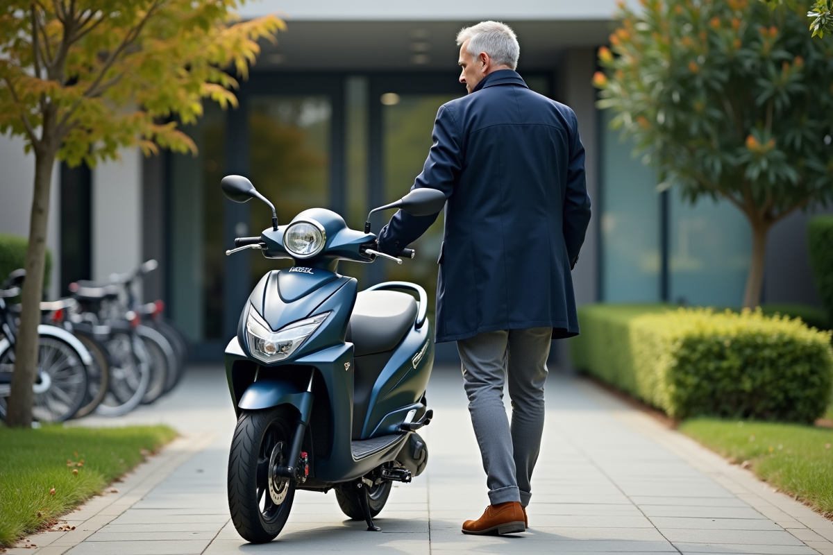 Homme en moto dans un environnement suburbain professionnel