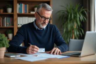 Homme d'âge moyen vérifiant son permis dans un bureau à domicile
