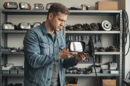 Homme inspectant un miroir de voiture d'occasion