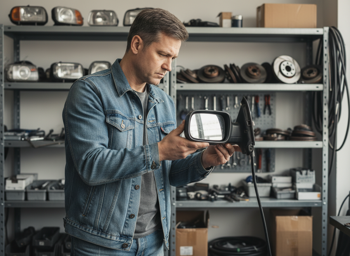 Homme inspectant un miroir de voiture d'occasion