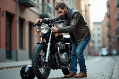 Homme en veste moto et jeans fixant un antivol sur une moto classique