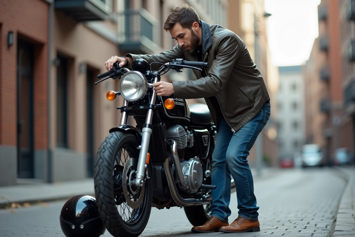 Homme en veste moto et jeans fixant un antivol sur une moto classique