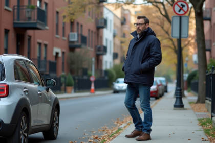 Homme d'âge moyen près d'une voiture en ville regardant un panneau de stationnement