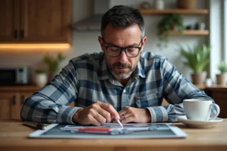 Homme d'âge moyen examinant une photo de voiture vintage dans la cuisine