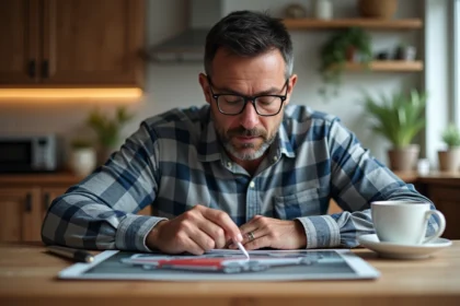 Homme d'âge moyen examinant une photo de voiture vintage dans la cuisine